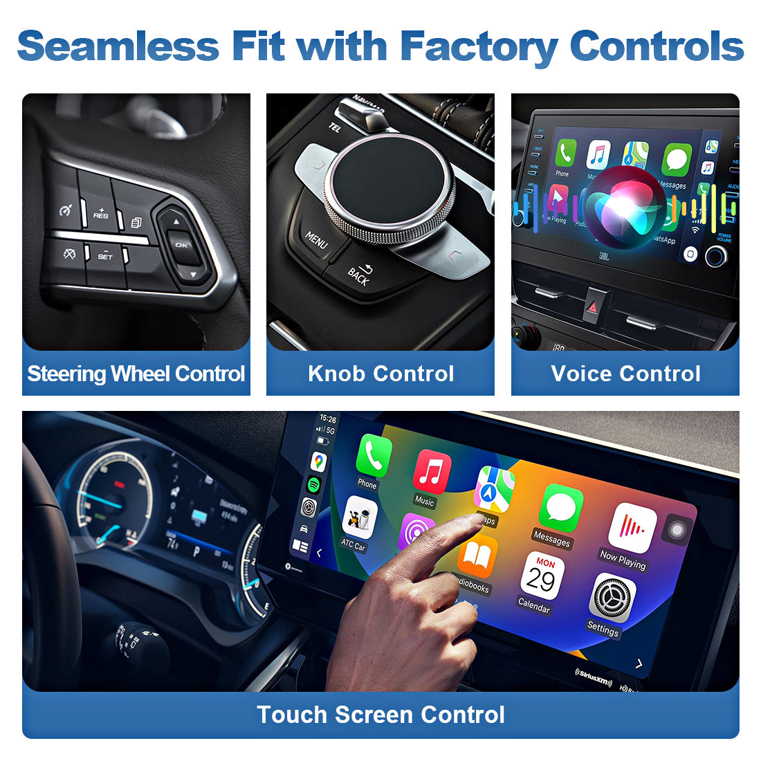 Wireless CarPlay Android Auto adapter compatible with steering wheel, voice control, and factory buttons