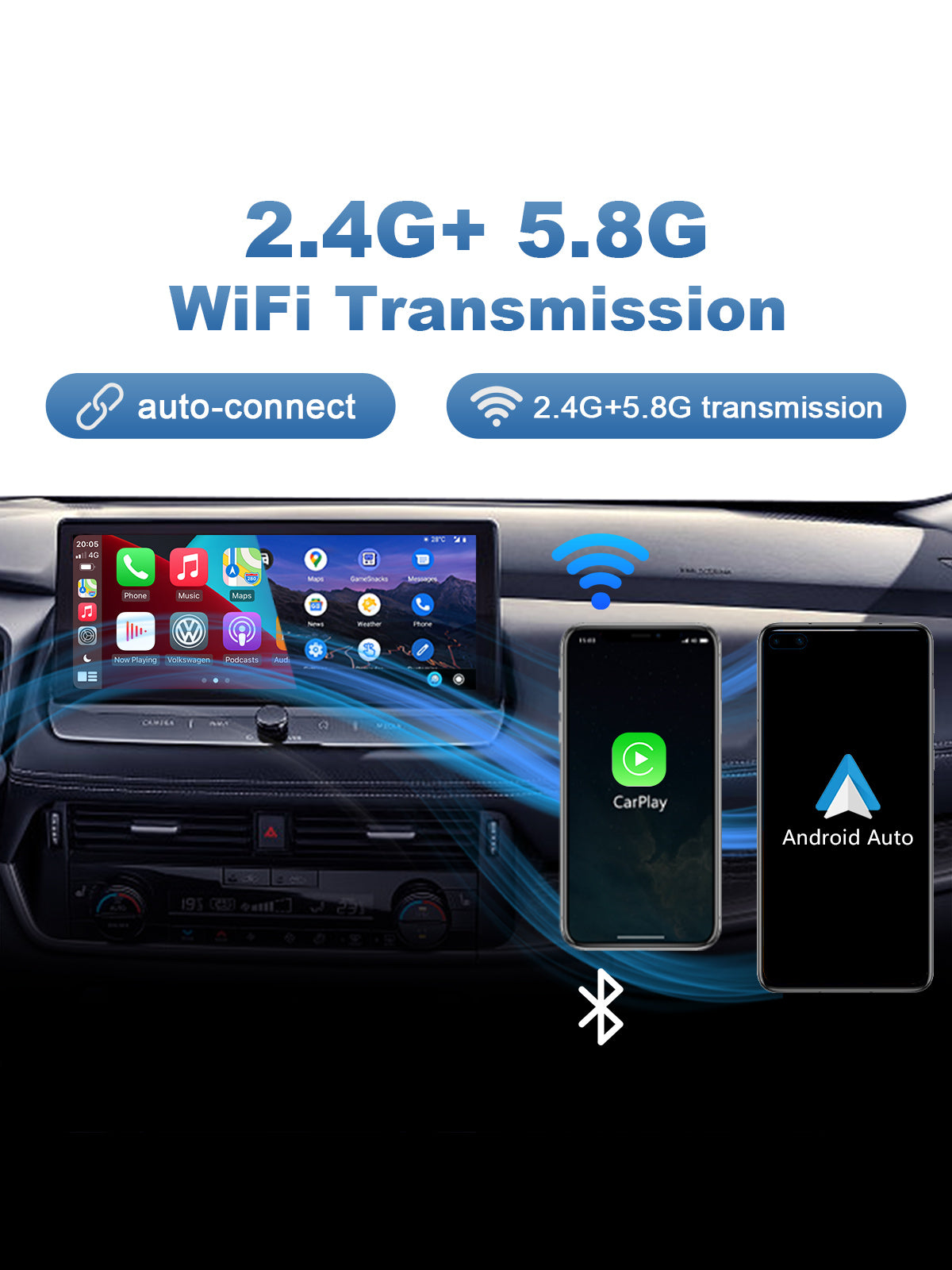Linkifun S3 adapter automatically connecting to a smartphone in a car, providing instant access to navigation, music, and calls.