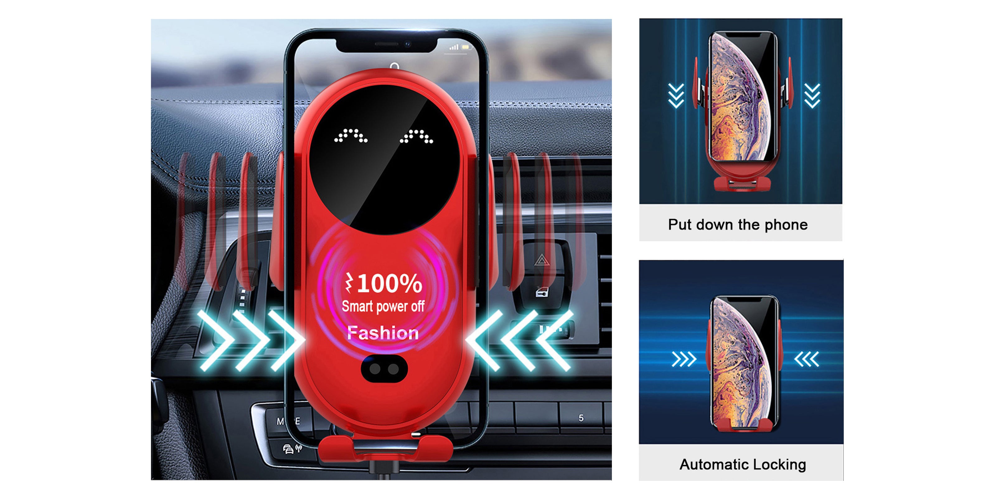 Linkifun Smart Automatic Infrared Sensing Wireless Fast Charging Car Mount showing automatic adsorption and secure phone clamping feature for hands-free driving