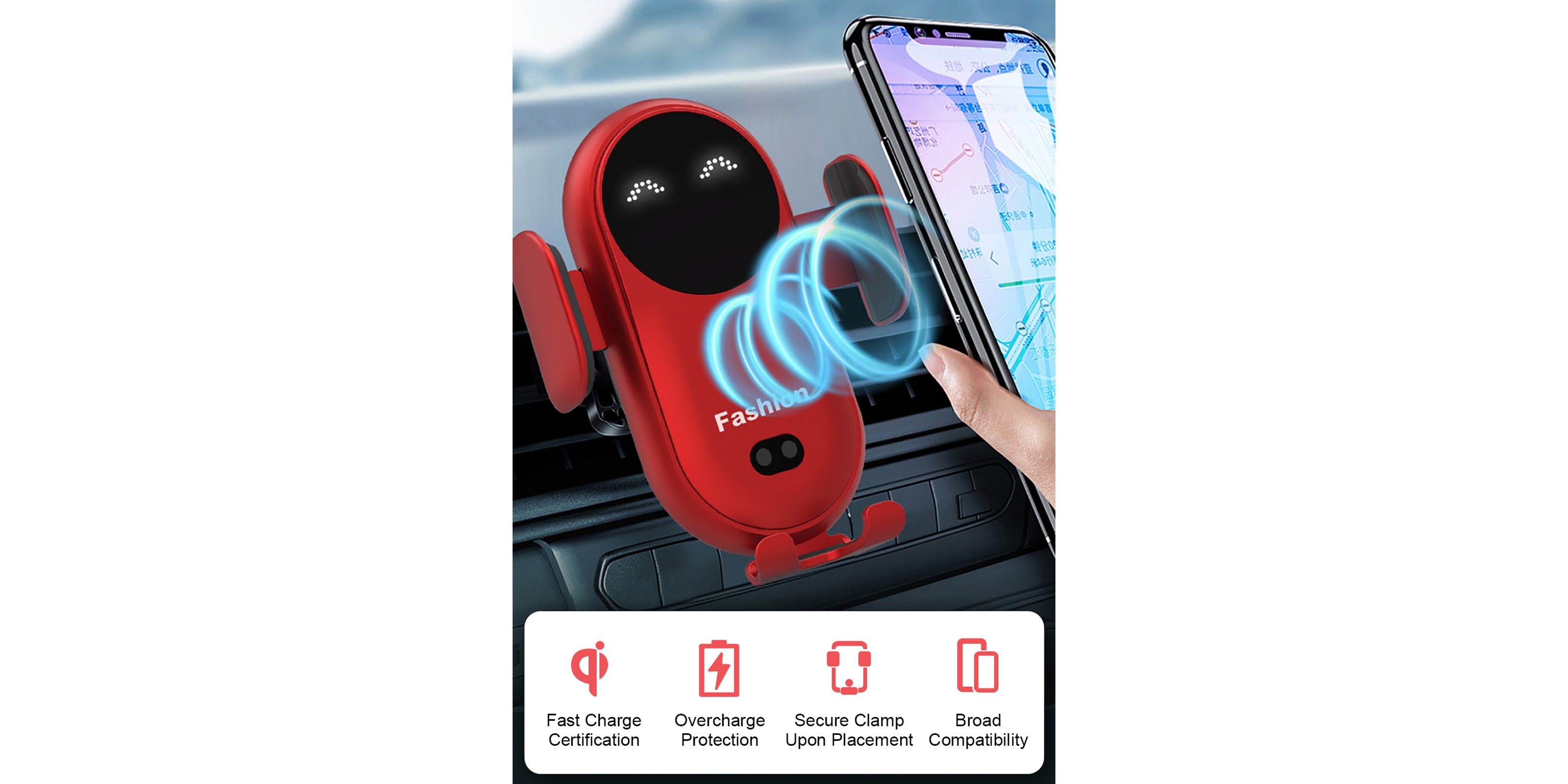 Linkifun Smart Automatic Infrared Sensing Wireless Fast Charging Car Mount demonstrating quick wireless charging feature for smartphones while driving