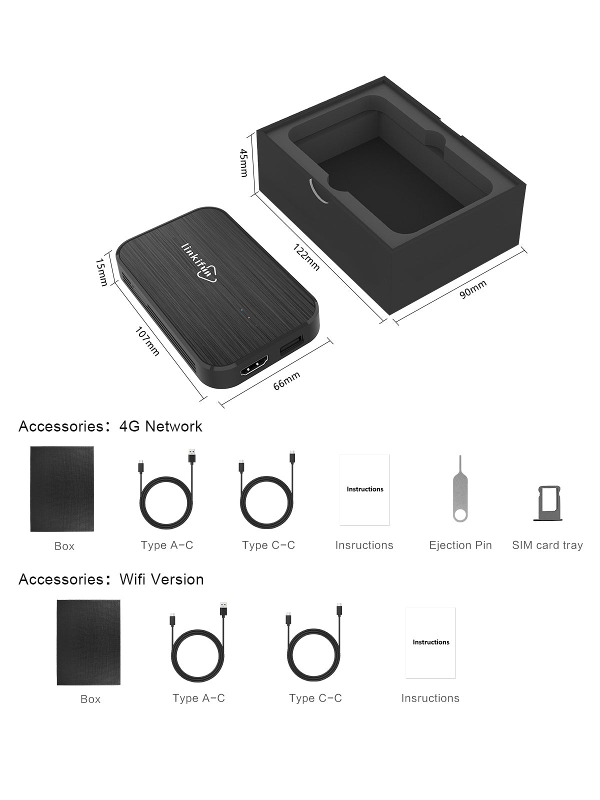 Linkifun Z4 Android 10 Smart AI Box wireless CarPlay and Android Auto adapter product parameters and specifications chart for compatibility, connectivity, and performance details.
