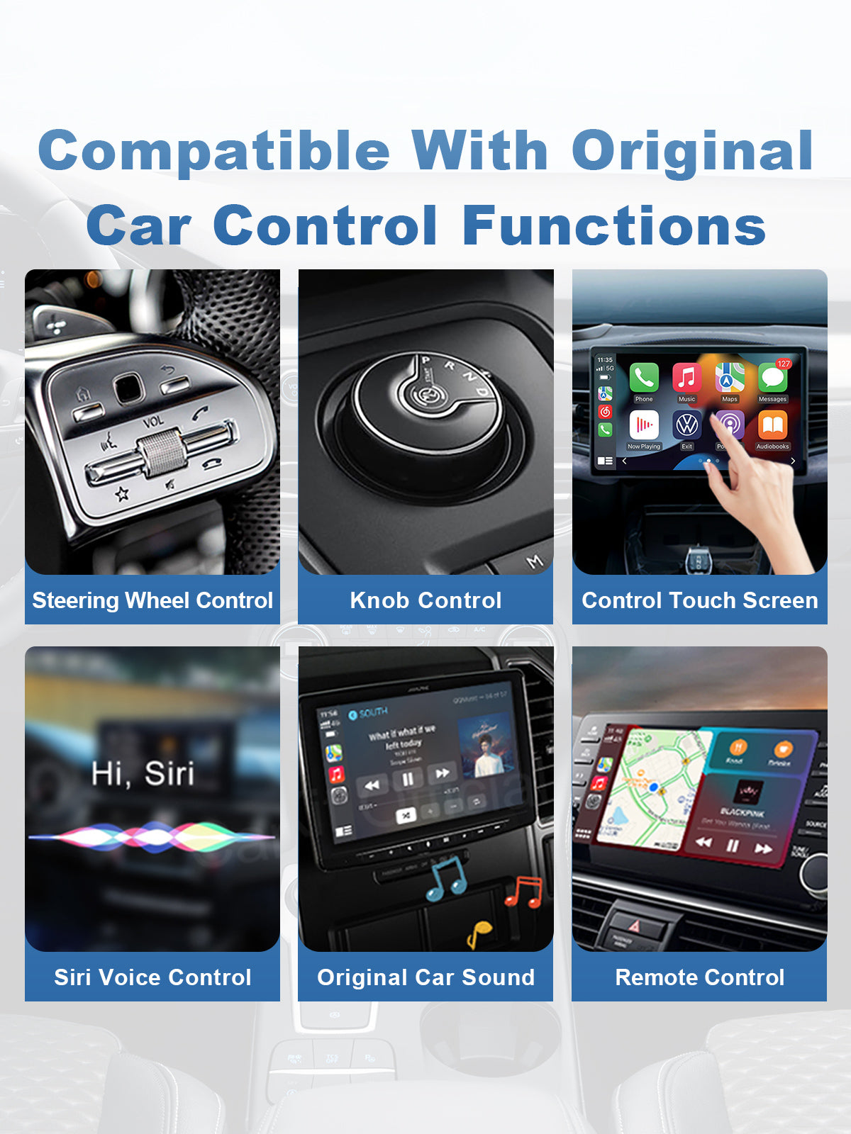 Linkifun Z4 Android 10 Smart AI Box wireless CarPlay and Android Auto adapter with seamless upgrade, keeping original car controls like steering wheel buttons, touchscreen, rotary knob, and voice assistant fully intact.