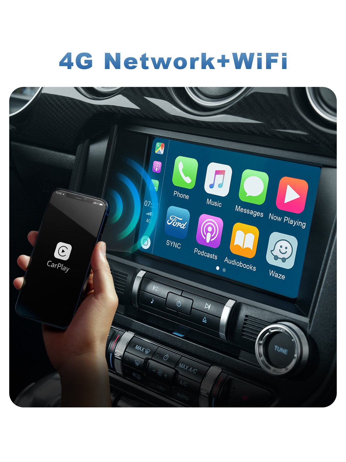 Linkifun Z4 Android 10 Smart AI Box wireless CarPlay and Android Auto adapter with Wi-Fi and 4G network versions for continuous internet connectivity and online services.