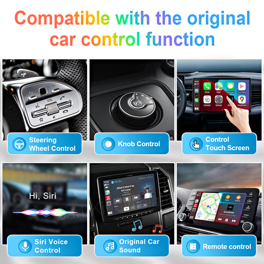 Linkifun C2 RGB works with original car controls including steering wheel buttons, knobs, and touchscreen while using wireless CarPlay or Android Auto.