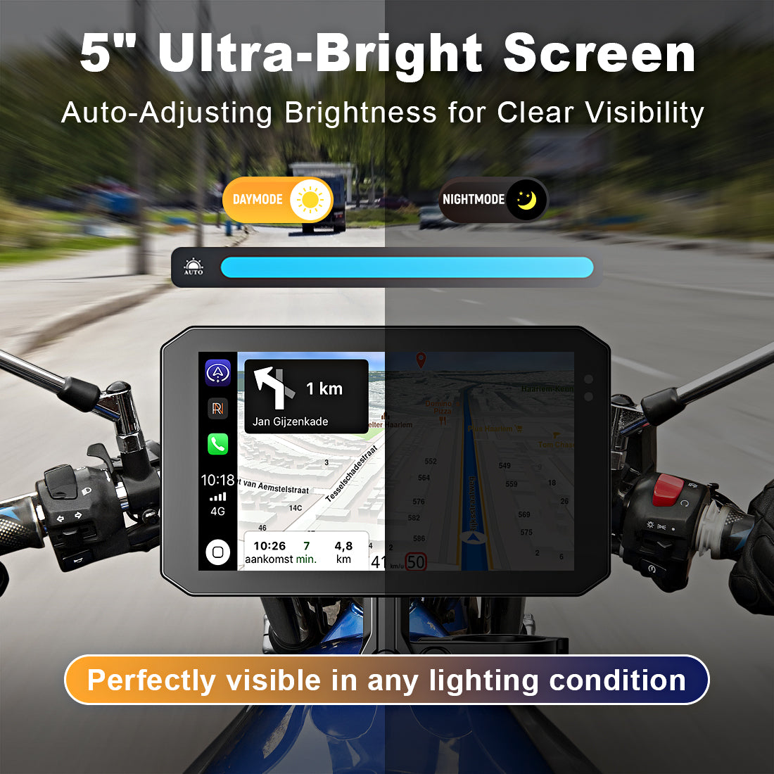 Linkifun M100 features a 5-inch ultra-bright motorcycle display with auto-adjusting brightness for clear visibility in all lighting conditions.