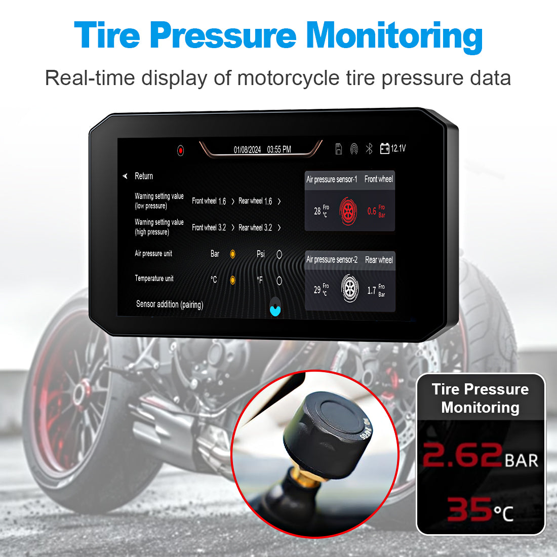 Linkifun M100 displays real-time Bluetooth tire pressure monitoring data on the screen to help riders detect tire issues early and ride safely.