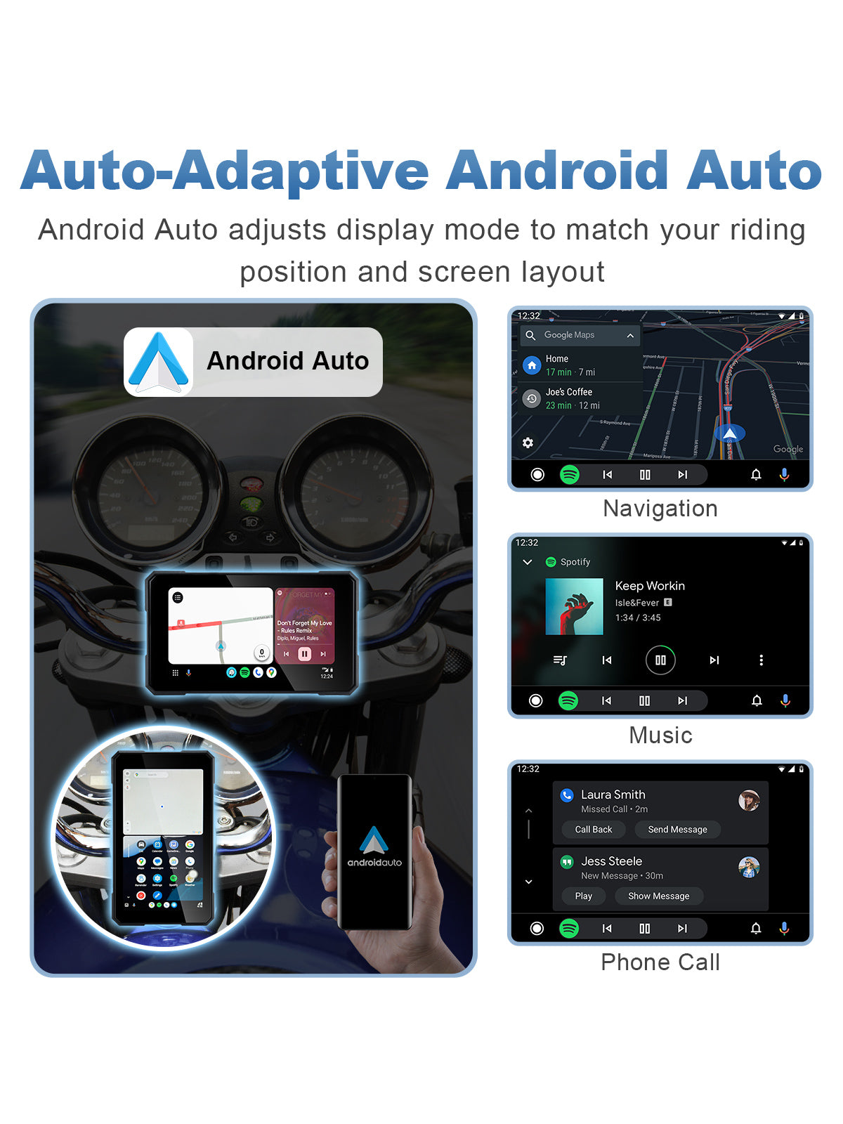 Linkifun MT11B motorcycle navigation screen with wireless Android Auto, Google Assistant, and portrait landscape mode