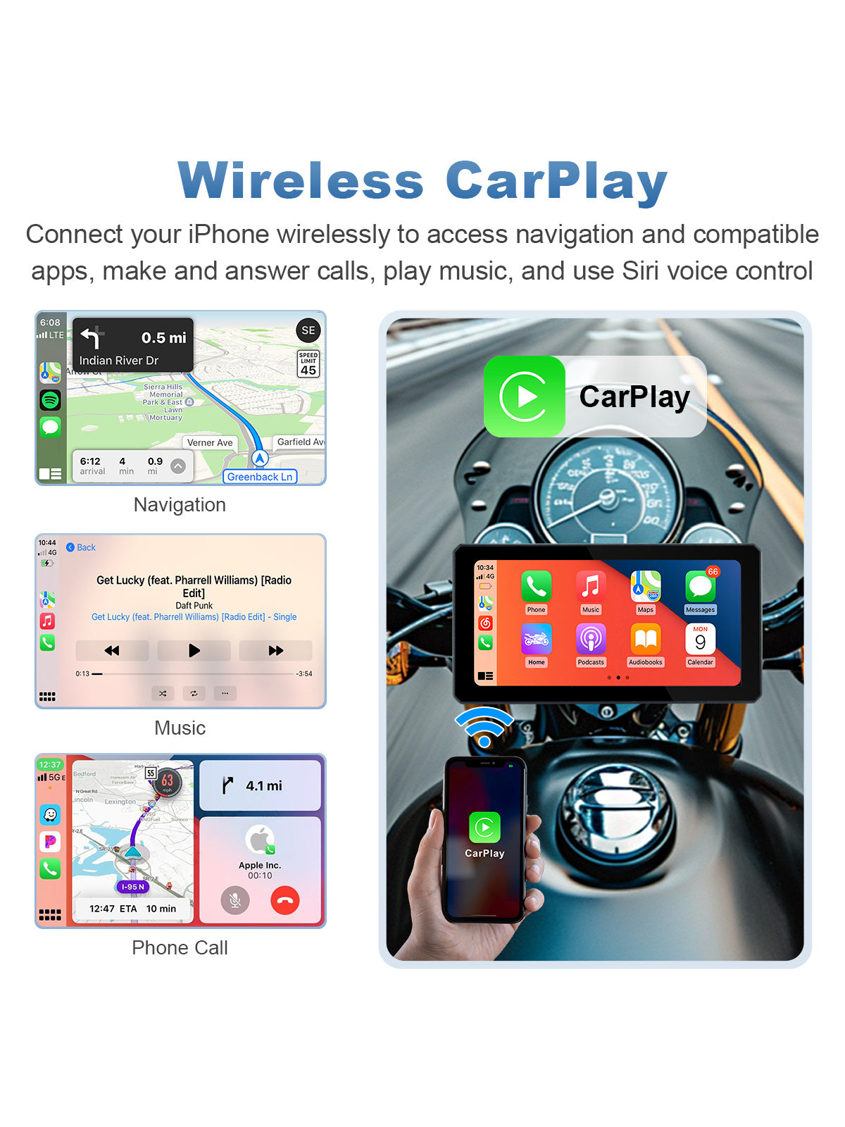 Linkifun MT6 motorcycle navigation screen with wireless Android Auto, Google Assistant, and portrait landscape mode
