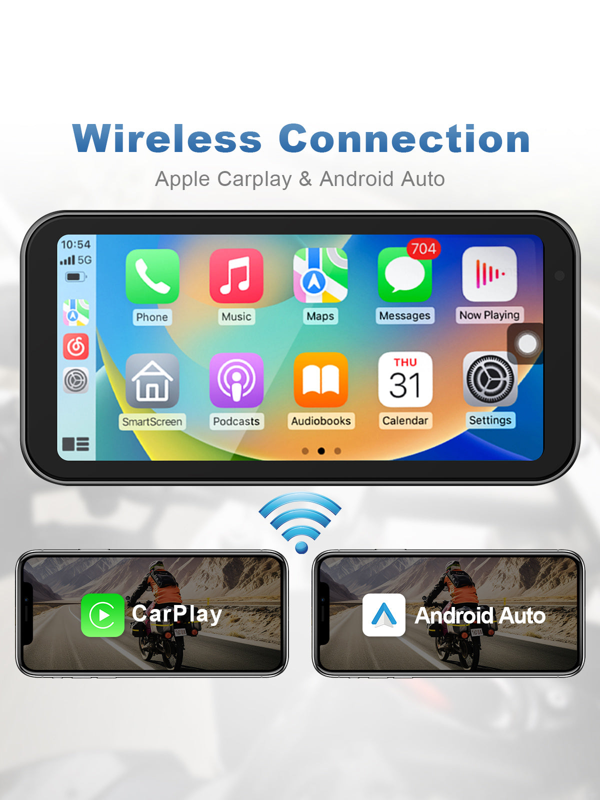 Motorcycle dash cam featuring easy-to-use wireless CarPlay and Android Auto for hands-free navigation and entertainment.