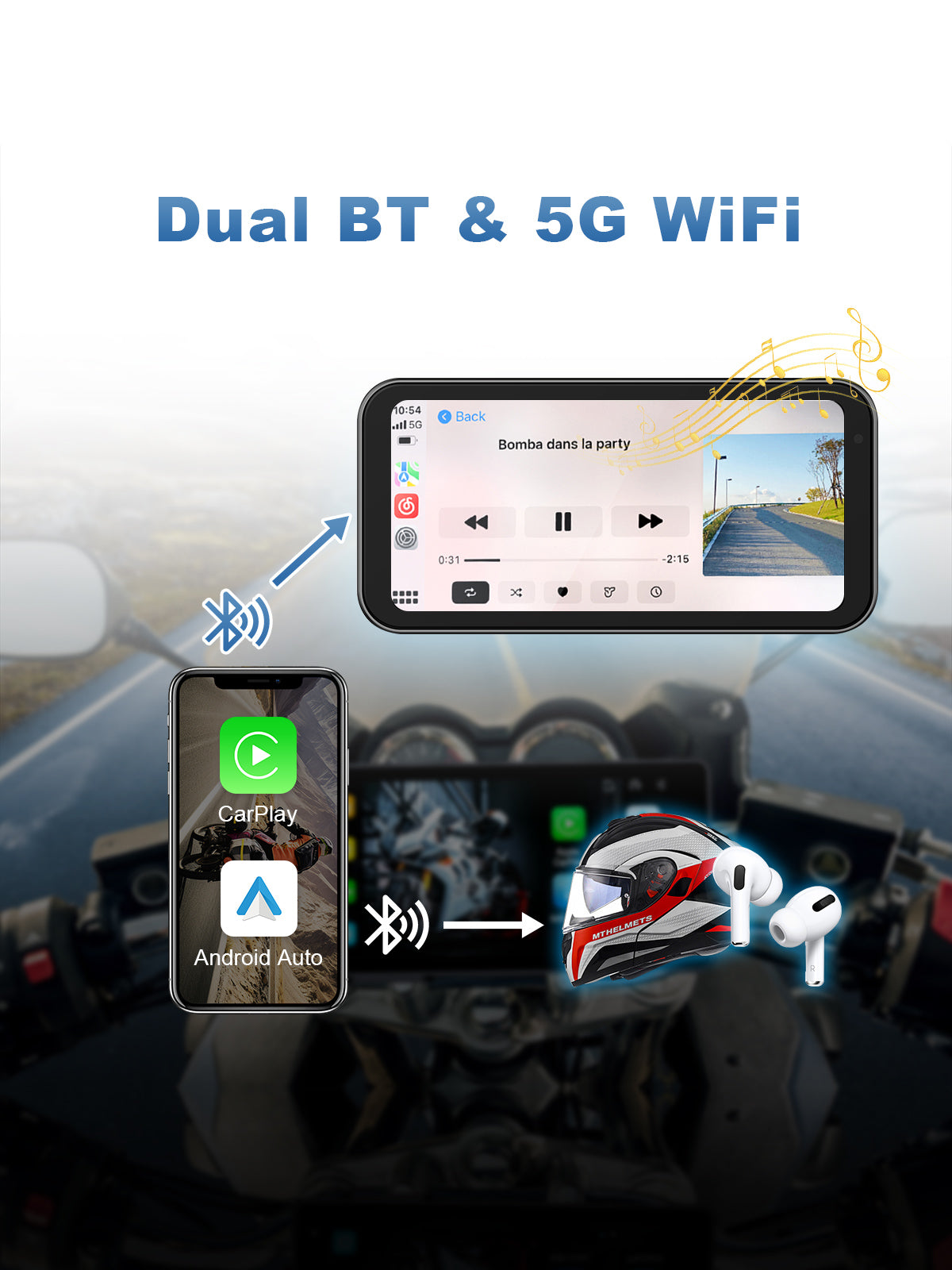 Motorcycle dash cam equipped with dual Bluetooth and 5G WiFi for seamless audio and smart connectivity.