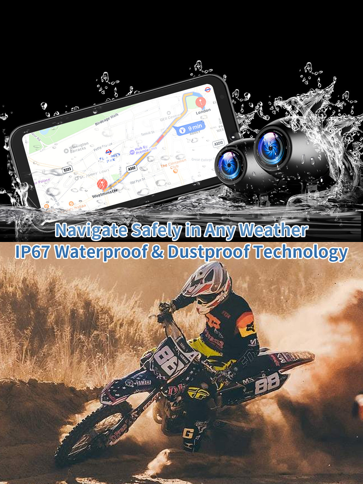 Motorcycle dash cam designed with IP67 waterproof, dustproof, and shock-resistant features for durability in all conditions.