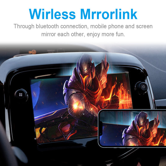 Car dashboard displaying smartphone content via mirroring, facilitated by the G4 Android 11 Smart AI Box, with navigation and music apps in view.