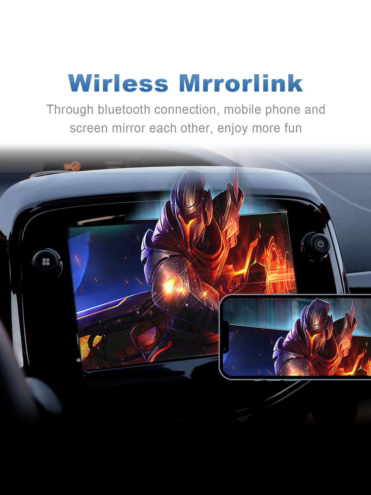 Car dashboard displaying smartphone content via mirroring, facilitated by the G4 Android 11 Smart AI Box, with navigation and music apps in view.