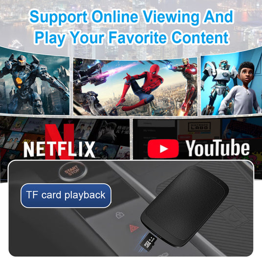 Car dashboard screen showing a movie playing from a TF card inserted into the G4 Android 11 Smart AI Box, enhancing in-car entertainment.