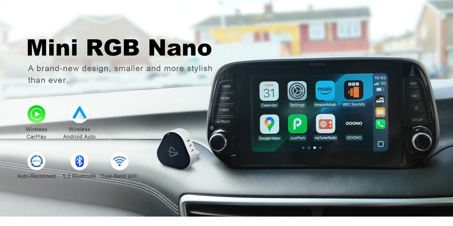 Linkifun RGB Nano Wireless CarPlay Adapter – compact design, seamless connection, and smart upgrade for your car