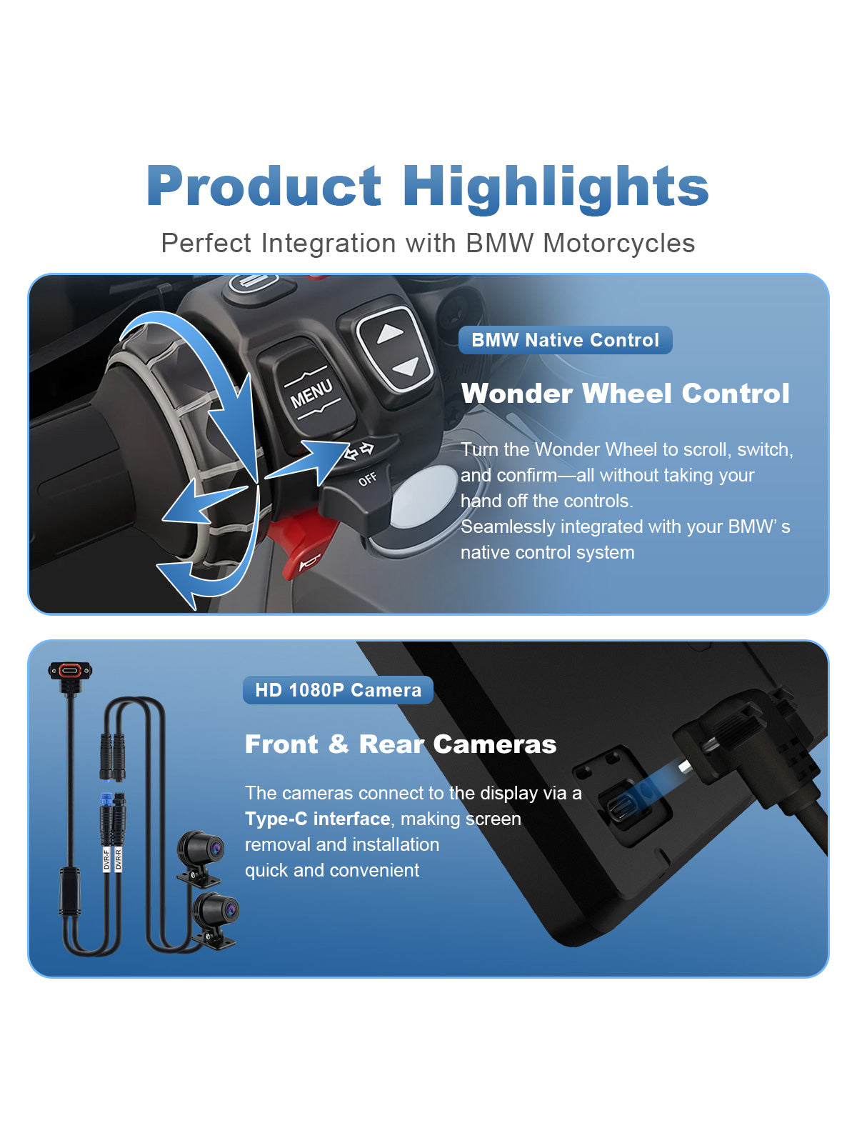 BMW motorcycle display with Wonder Wheel native control and front and rear 1080P DVR cameras with Type-C connection.