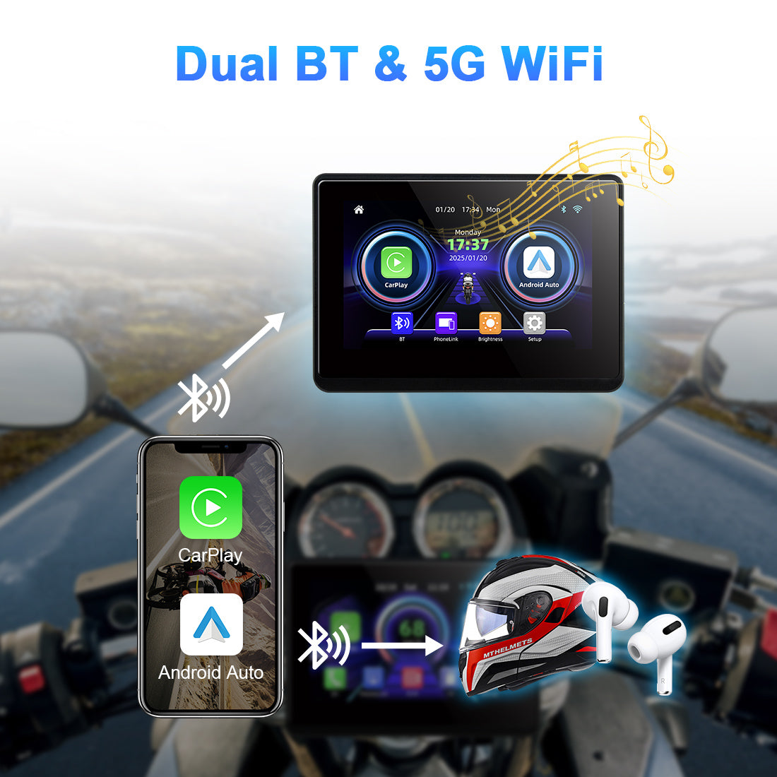 Linkifun MT1A motorcycle screen with Bluetooth 5.0 support for helmet headset audio via smartphone during CarPlay or Android Auto use