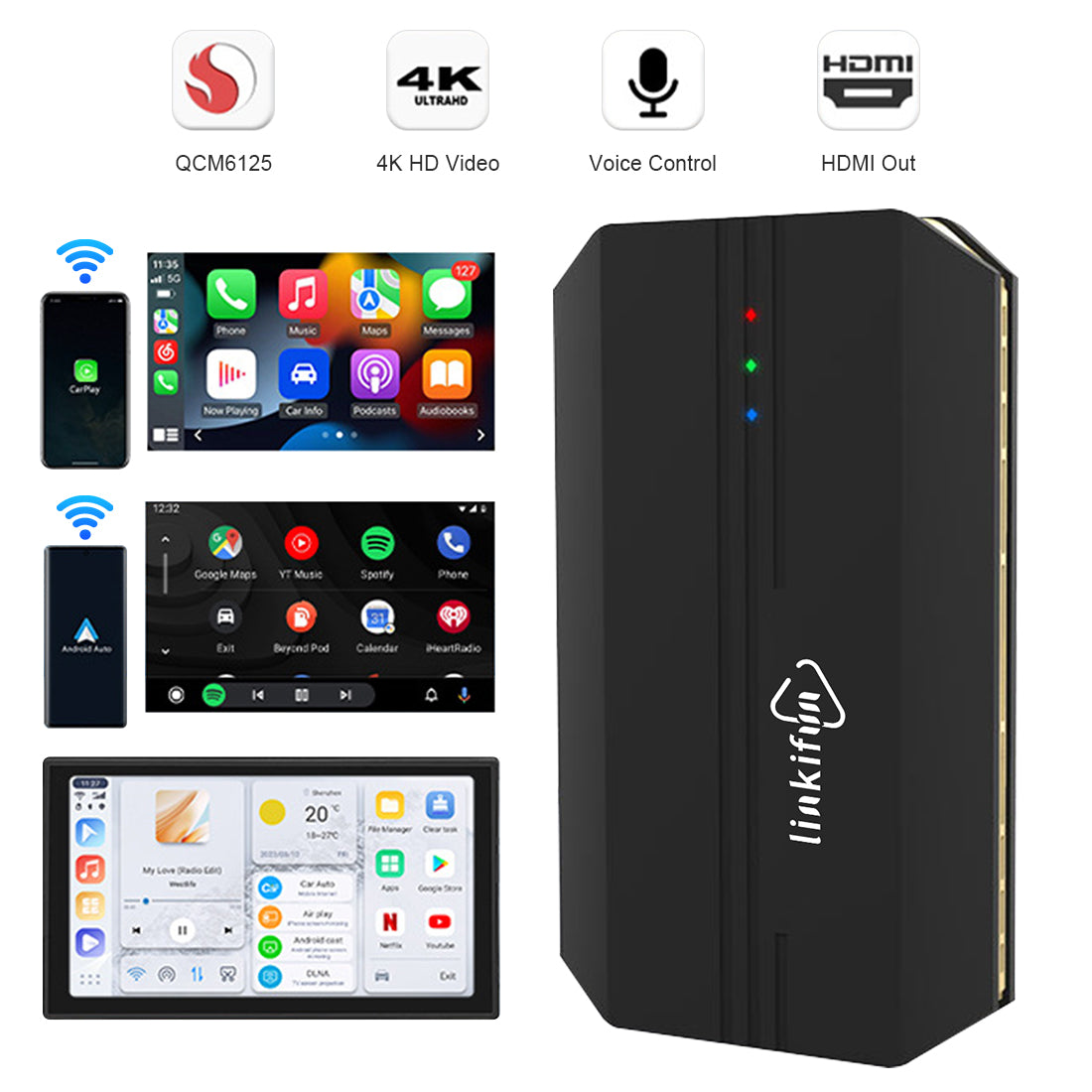 Linkifun GT6 Android 13 Smart AI Box Wireless Carplay/ Android Auto Adapter with HDMI