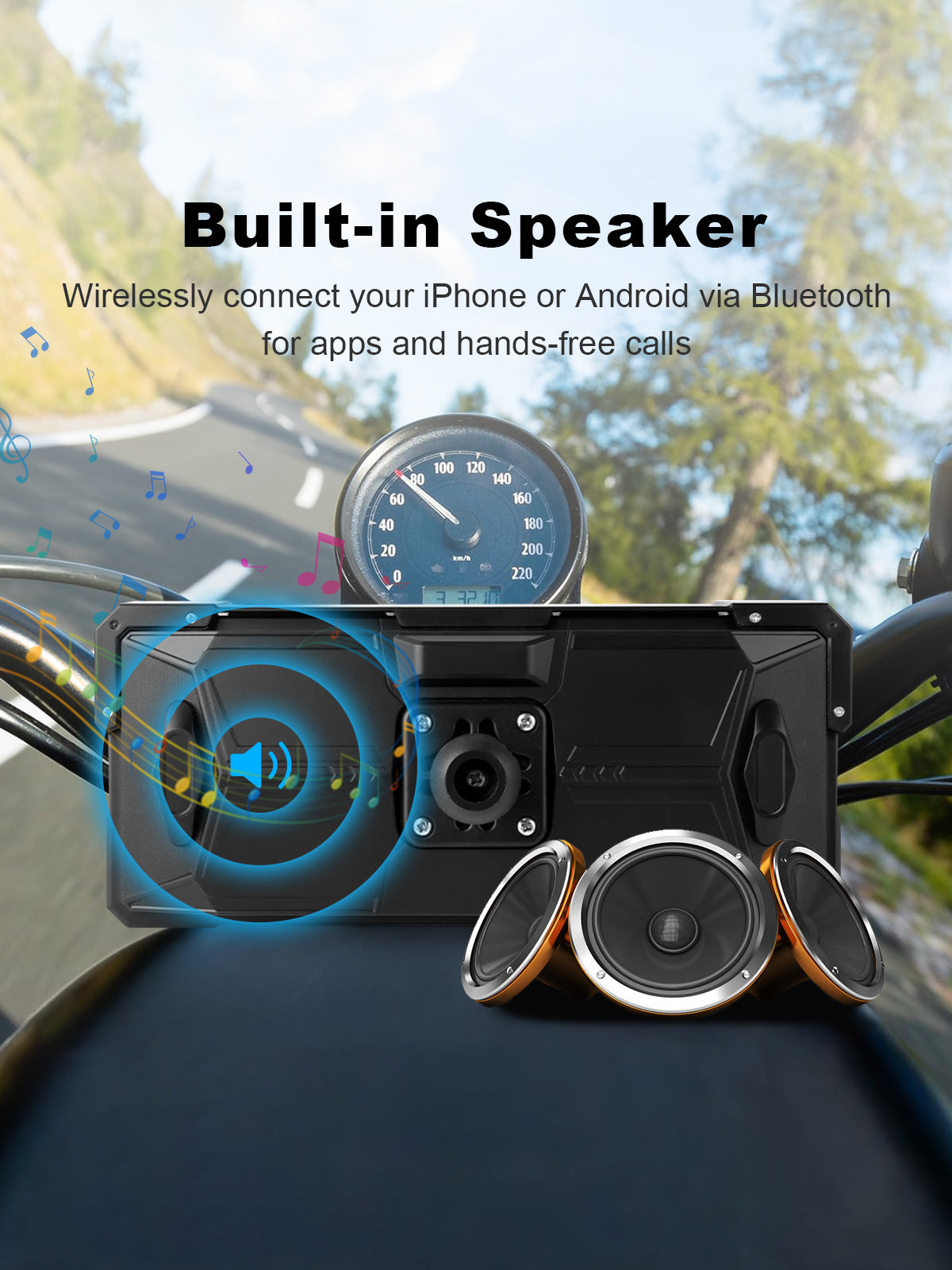 Linkifun MT81 motorcycle navigation screen with built-in speaker and Bluetooth audio for apps and hands-free calls