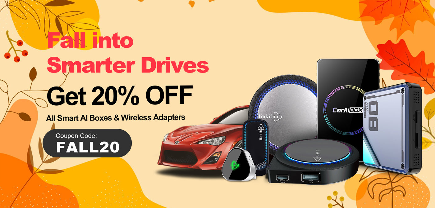 Linkifun Autumn Sale poster desktop version showing 20% off smart AI boxes and wireless CarPlay Android Auto adapters