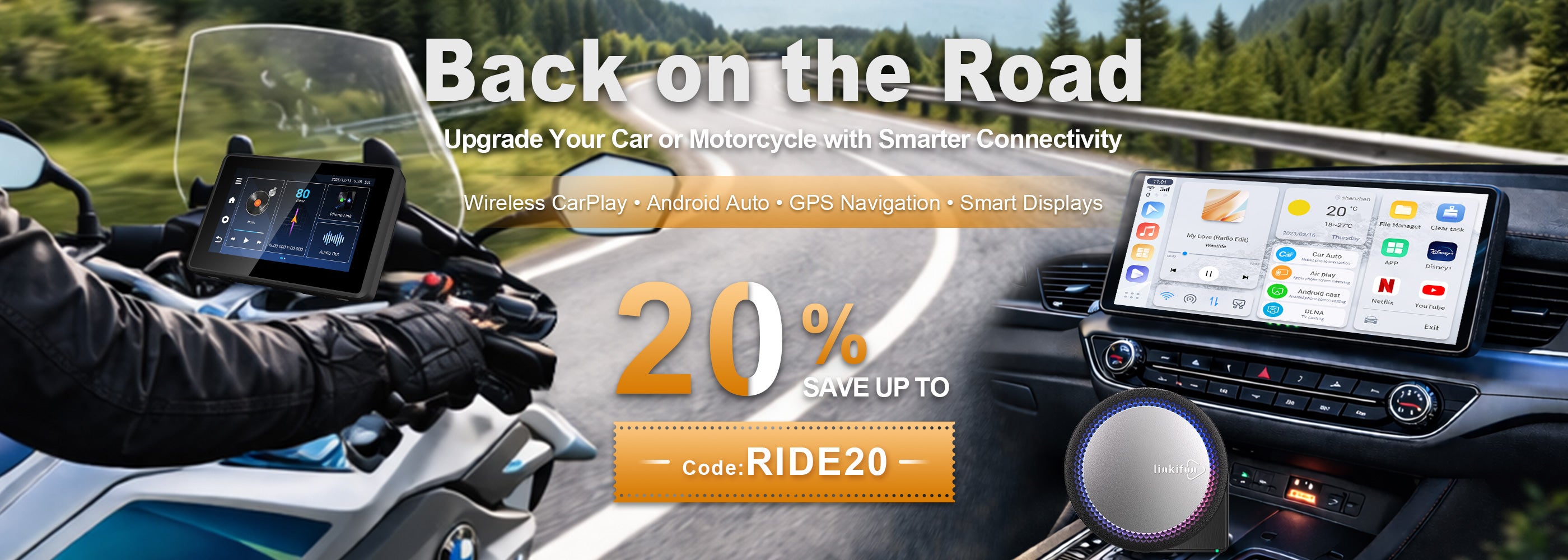 Linkifun Back on the Road Sale – Use Code RIDE20 for 20% Off Motorcycle Navigation Screens and CarPlay Adapters