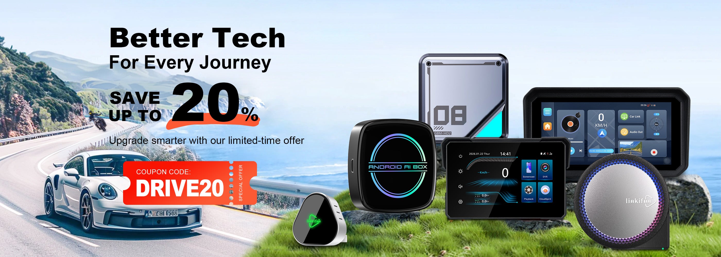 Linkifun Better Tech For Every Journey promotional banner with Save Up To 20% offer and limited-time smart upgrade message