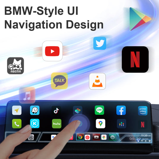 Customizable app desktop on Linkifun BMW Carplay Android AI Box, featuring Google Store apps