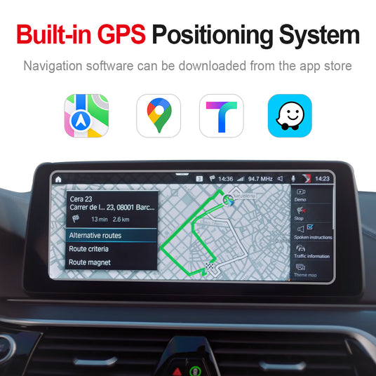 Linkifun BMW Carplay Android AI Box showcasing GPS, GLONASS, and Beidou navigation systems with various map apps