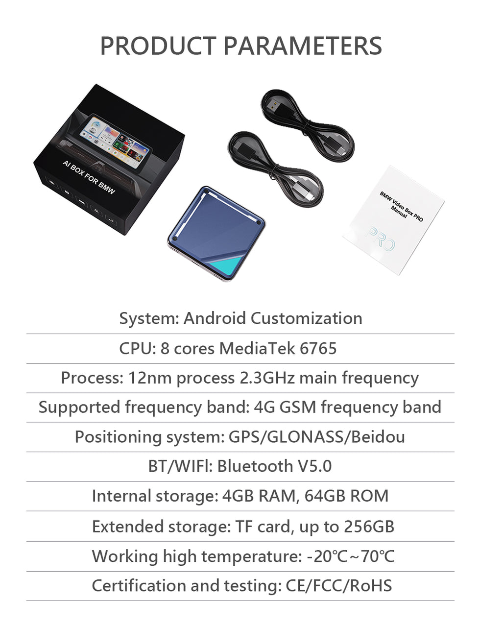 Specifications and package contents of the Linkifun BMW Carplay Android AI Box