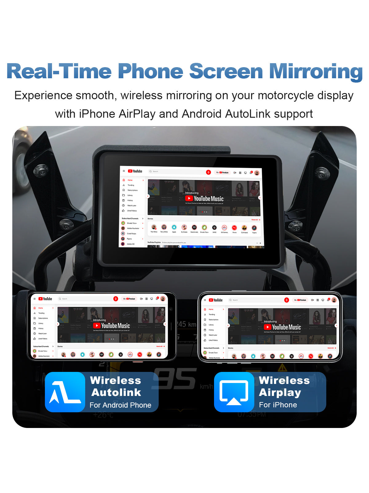 Real-time wireless screen mirroring on a BMW motorcycle smart display using iPhone AirPlay and Android AutoLink