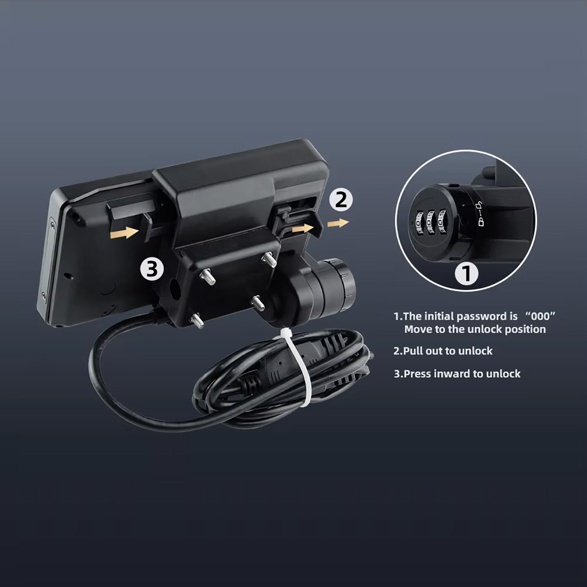 Linkifun BMW motorcycle navigation screen bracket with three-digit anti-theft combination lock and quick-release unlocking instructions