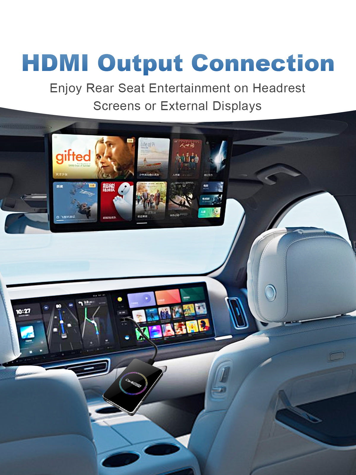 Linkifun C2 RGB Android 13 Smart AI Box Wireless CarPlay and Android Auto Adapter with HDMI output for front display, rear seat monitors, and external screens