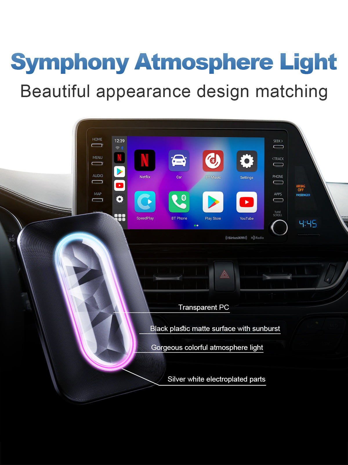 Linkifun GT5 RGB Android 11 Smart AI Box Wireless CarPlay and Android Auto Adapter with ambient lighting design featuring colorful symphony atmosphere lights and stylish finish