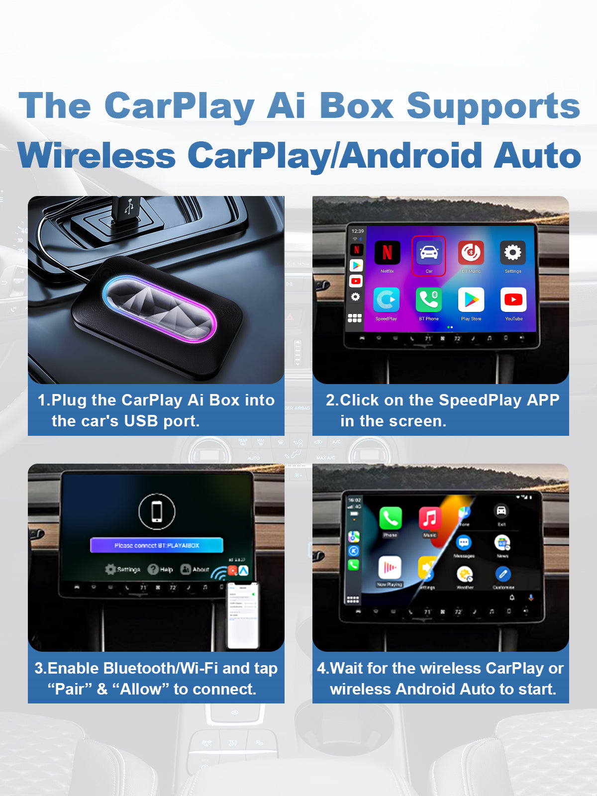 Linkifun GT5 RGB Android 11 Smart AI Box Wireless CarPlay and Android Auto Adapter showing connection setup process for wireless CarPlay and Android Auto