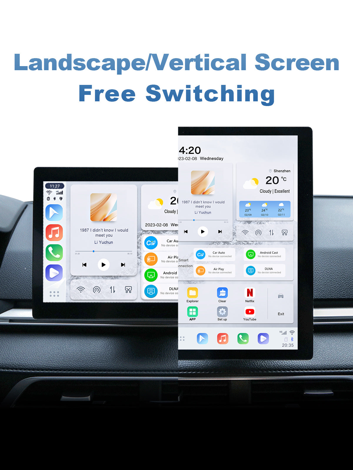 Linkifun GT6 Android 13 Smart AI Box Wireless CarPlay and Android Auto Adapter with seamless landscape and portrait orientation for flexible in-car display viewing