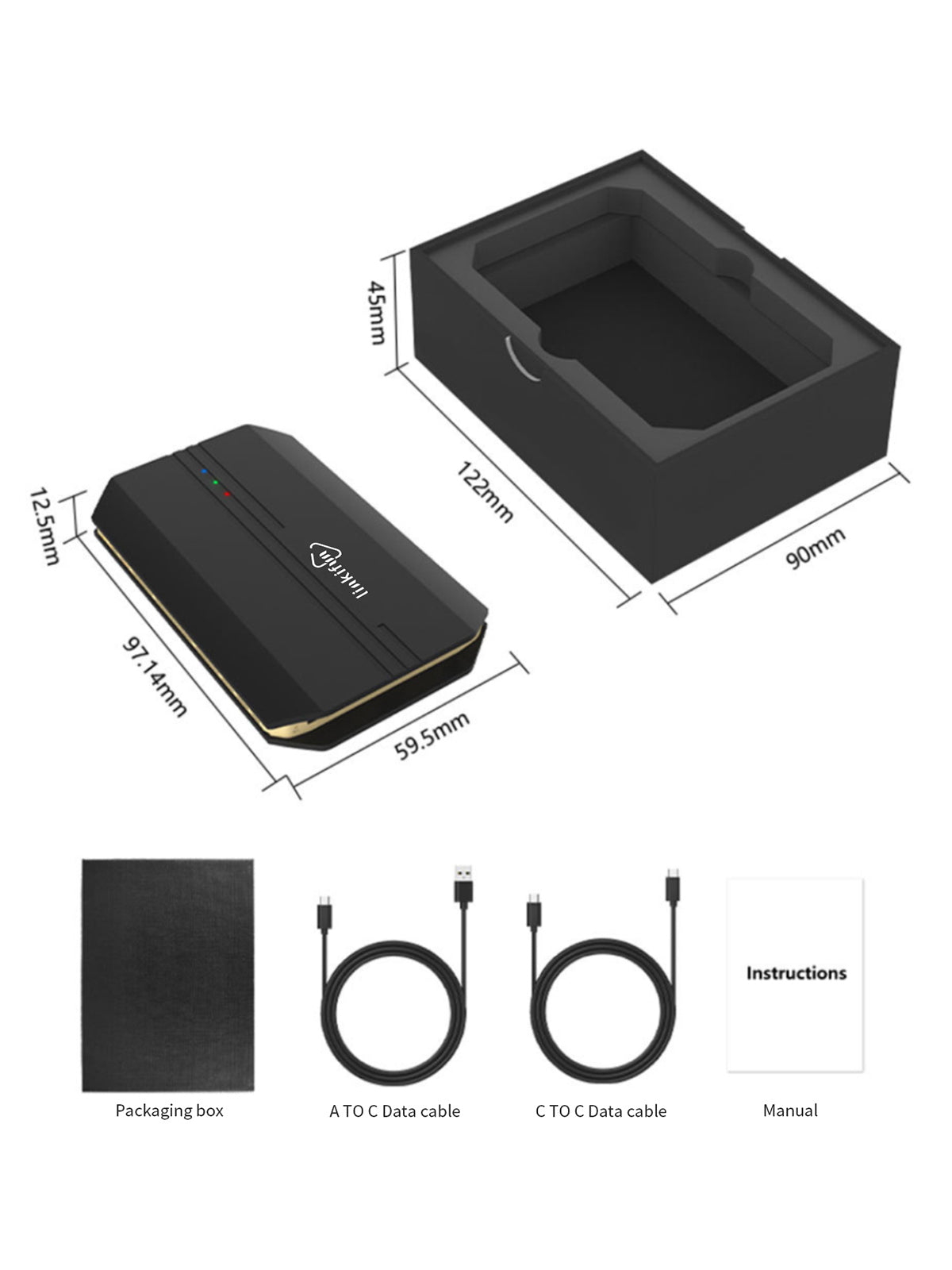 Linkifun GT6 Android 13 Smart AI Box Wireless CarPlay and Android Auto Adapter product parameters and dimensions chart showing detailed size and specifications