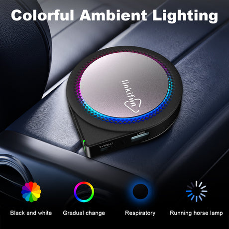 Linkifun GT6 Pro Android 13 Smart AI Box Wireless CarPlay and Android Auto Adapter with customizable ambient lighting feature