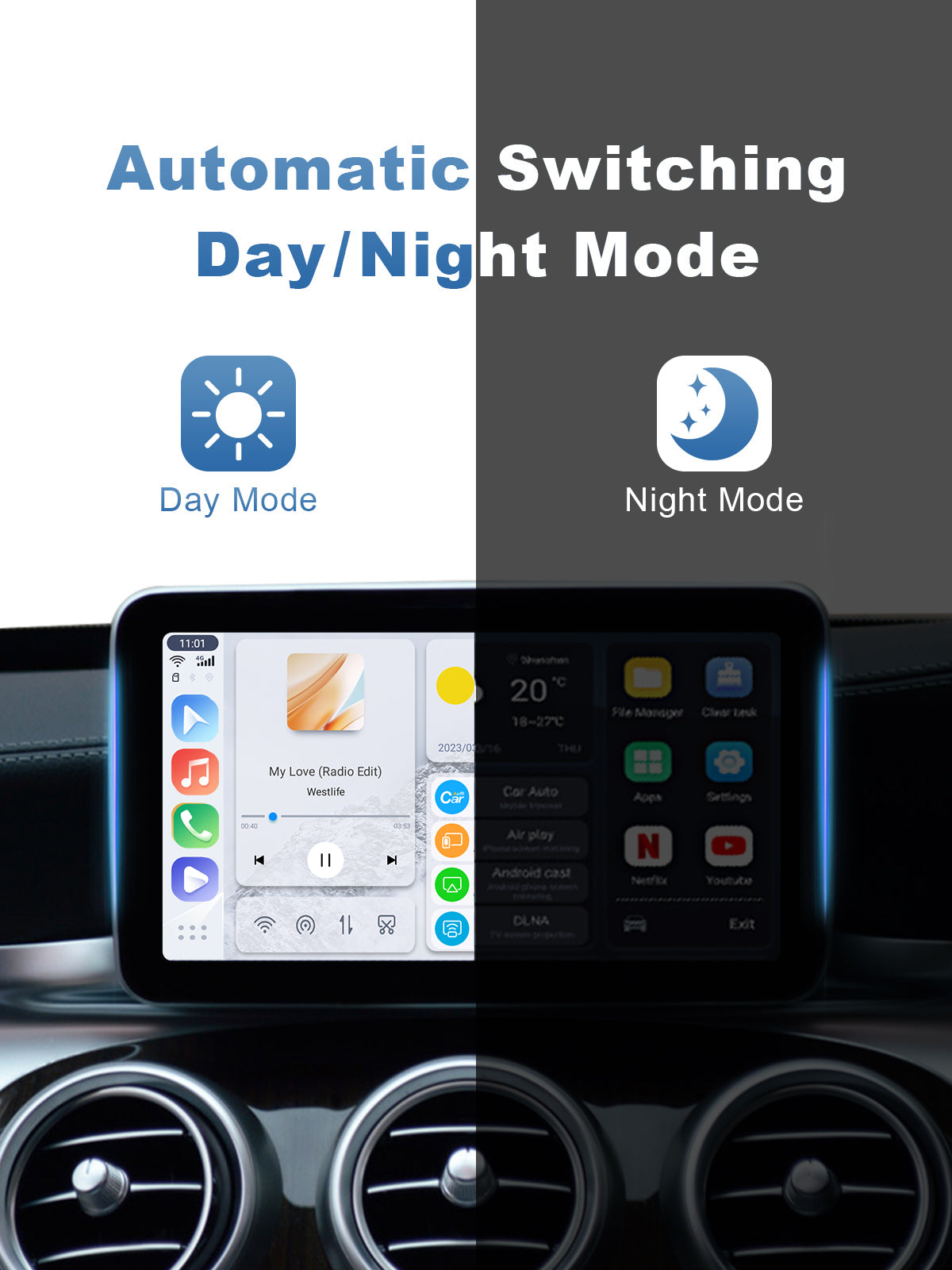 Linkifun GT6 Pro Android 13 Smart AI Box Wireless CarPlay and Android Auto Adapter with day and night display mode for safer driving