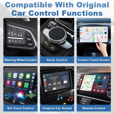 Linkifun GT6 Pro Android 13 Smart AI Box Wireless CarPlay and Android Auto Adapter with seamless upgrade while preserving original car controls including voice, steering wheel, rotary knob, and touchscreen