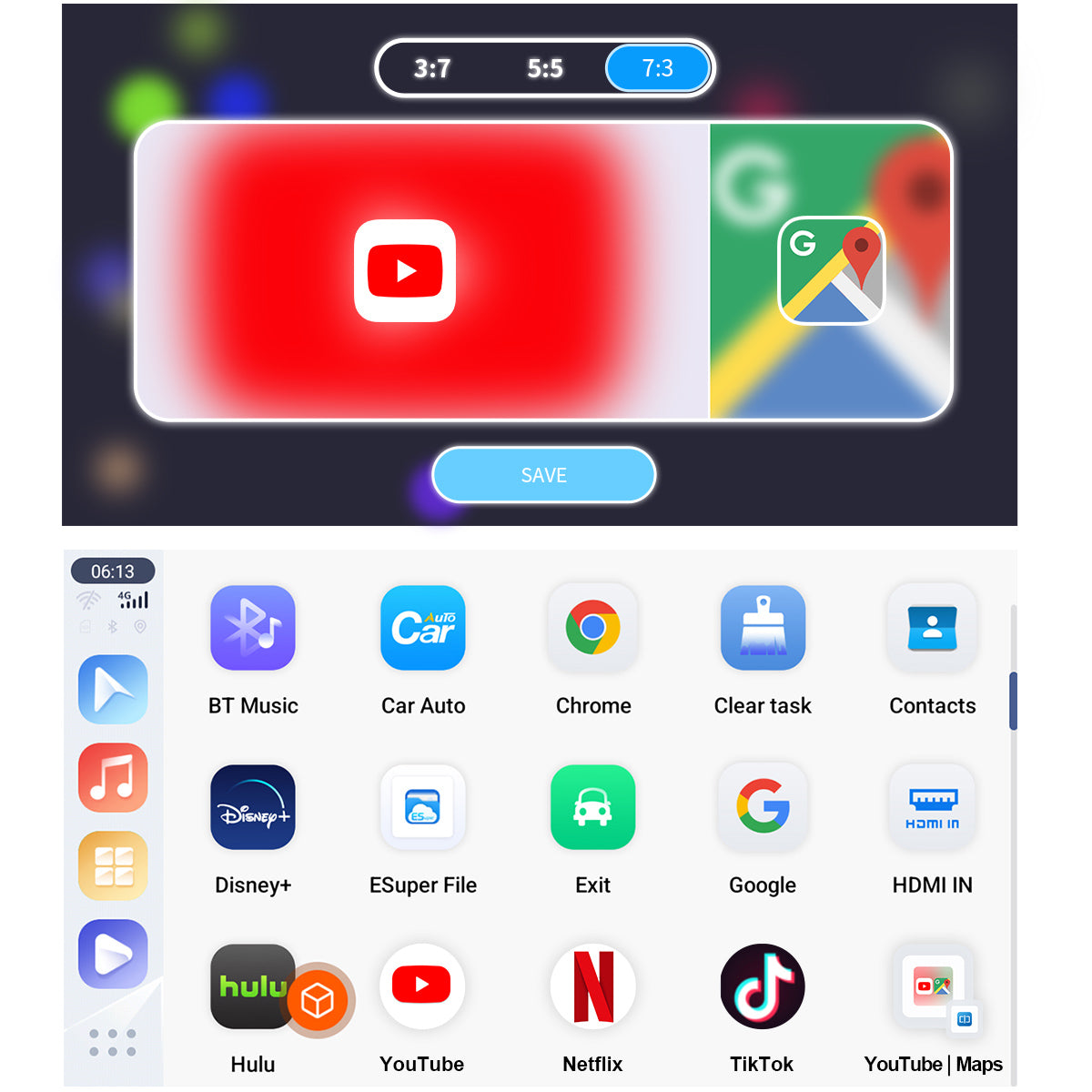 Linkifun GT6 Pro Android 13 Smart AI Box Wireless CarPlay and Android Auto Adapter with split-screen multitasking and customizable presets