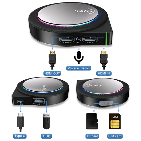 Linkifun GT6 Pro Android 13 Smart AI Box Wireless CarPlay and Android Auto Adapter with versatile connectivity including HDMI In/Out, MIC, USB, TF card, and SIM card slot