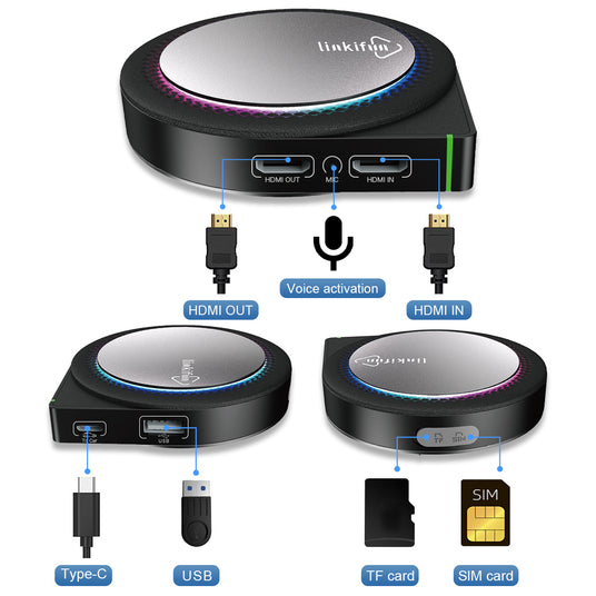 Linkifun GT6 Pro Android 13 Smart AI Box Wireless CarPlay and Android Auto Adapter with versatile connectivity including HDMI In/Out, MIC, USB, TF card, and SIM card slot