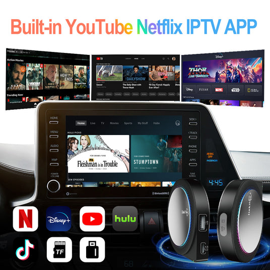 Linkifun GT6 Pro showing online video streaming on Netflix and YouTube, and offline video playback using a TF card and USB drive