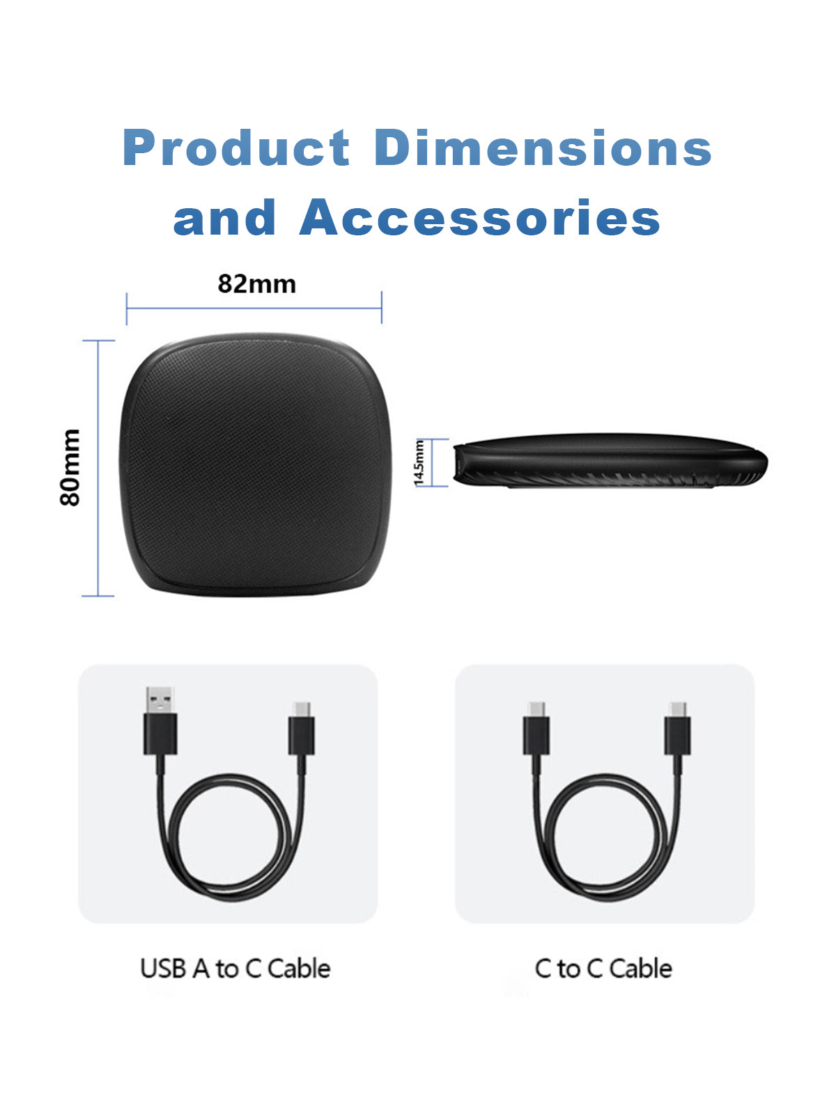 Linkifun GT7 Android 13 Smart AI Box Wireless CarPlay and Android Auto Adapter showing detailed product dimensions and included accessories for installation and use