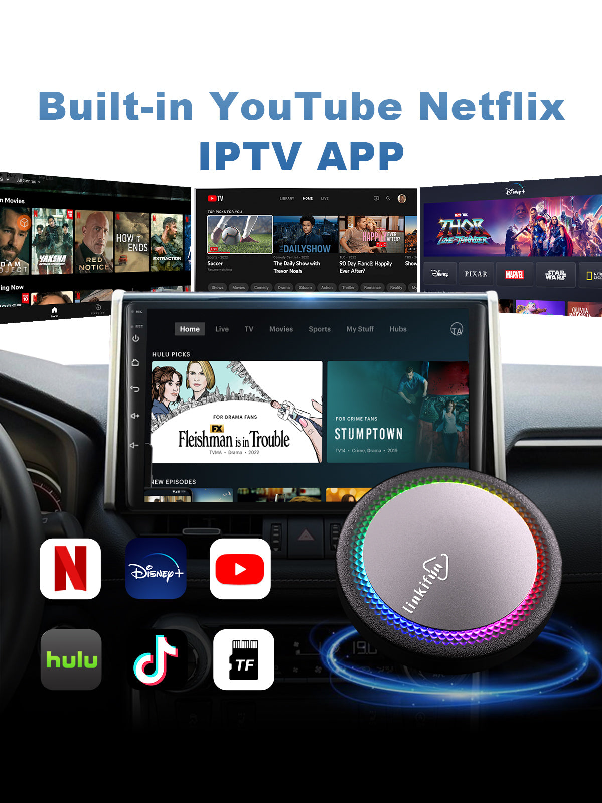 Linkifun GT7H Android 13 Smart AI Box Wireless CarPlay and Android Auto Adapter with online streaming via WiFi or SIM card and offline playback via TF card