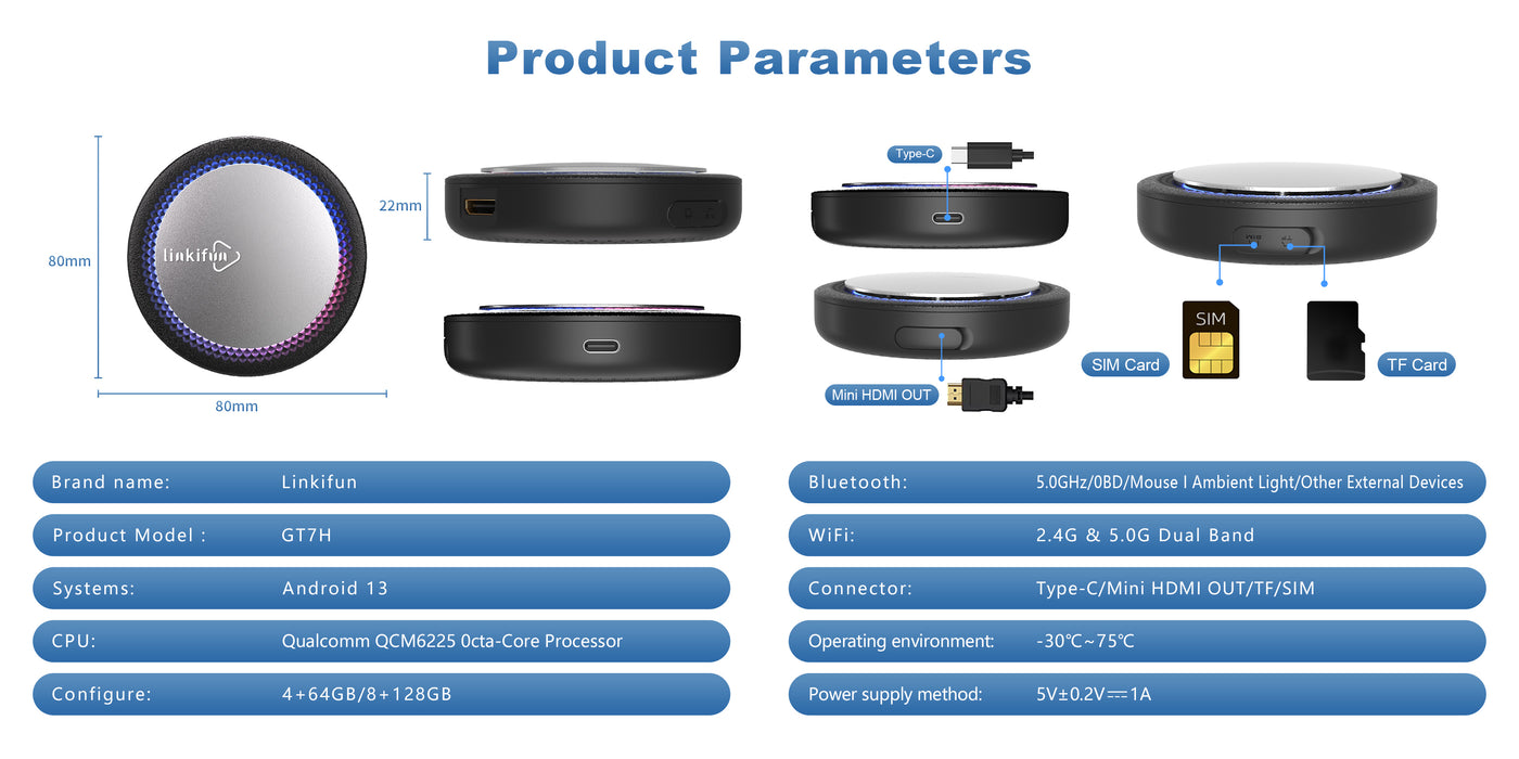 Linkifun GT7H Android 13 Smart AI Box Wireless CarPlay and Android Auto Adapter product parameters and dimensions desktop view