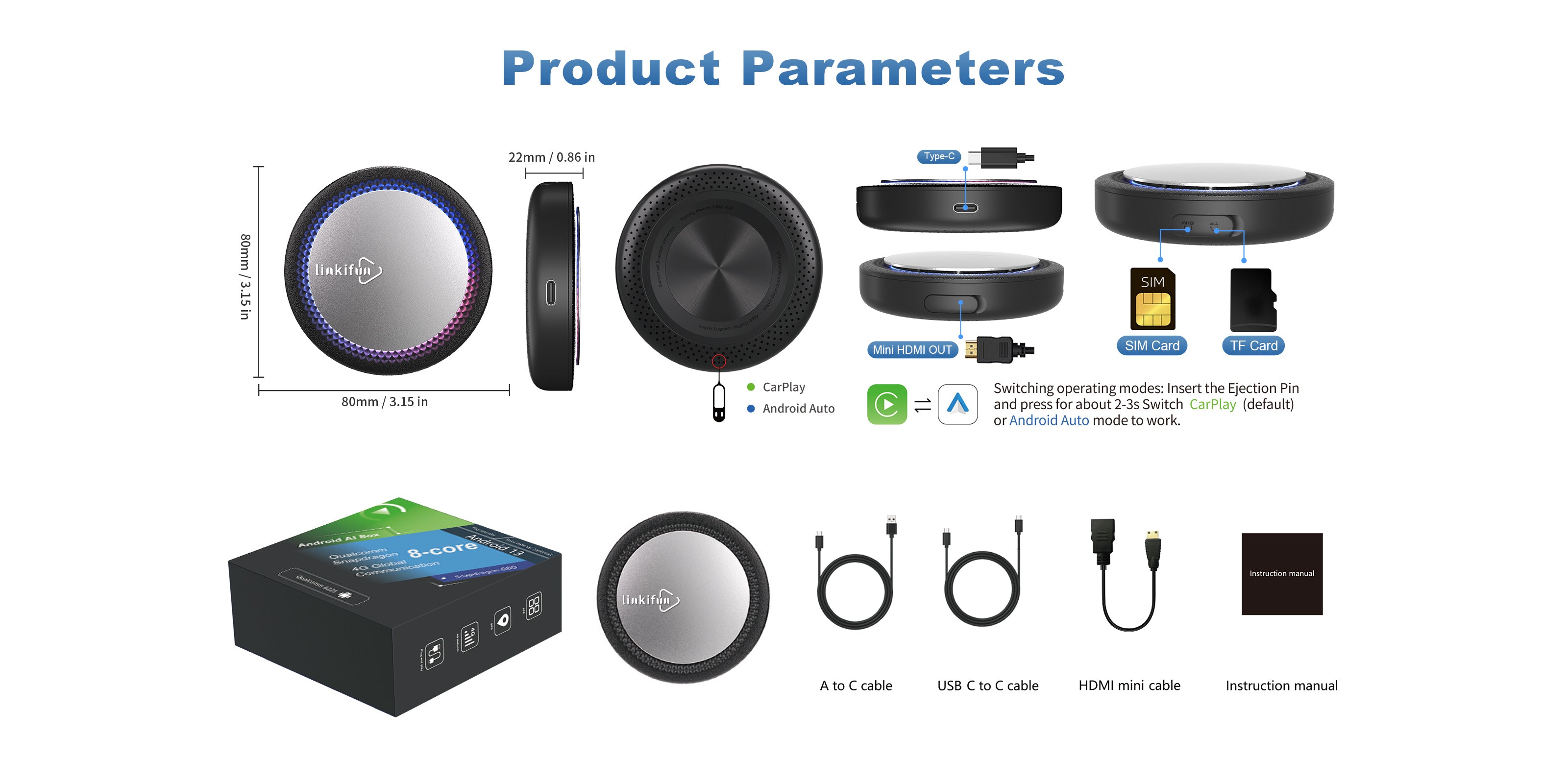 Linkifun™ GT7H Android 13 Smart AI Box Wireless CarPlay/Android Auto A