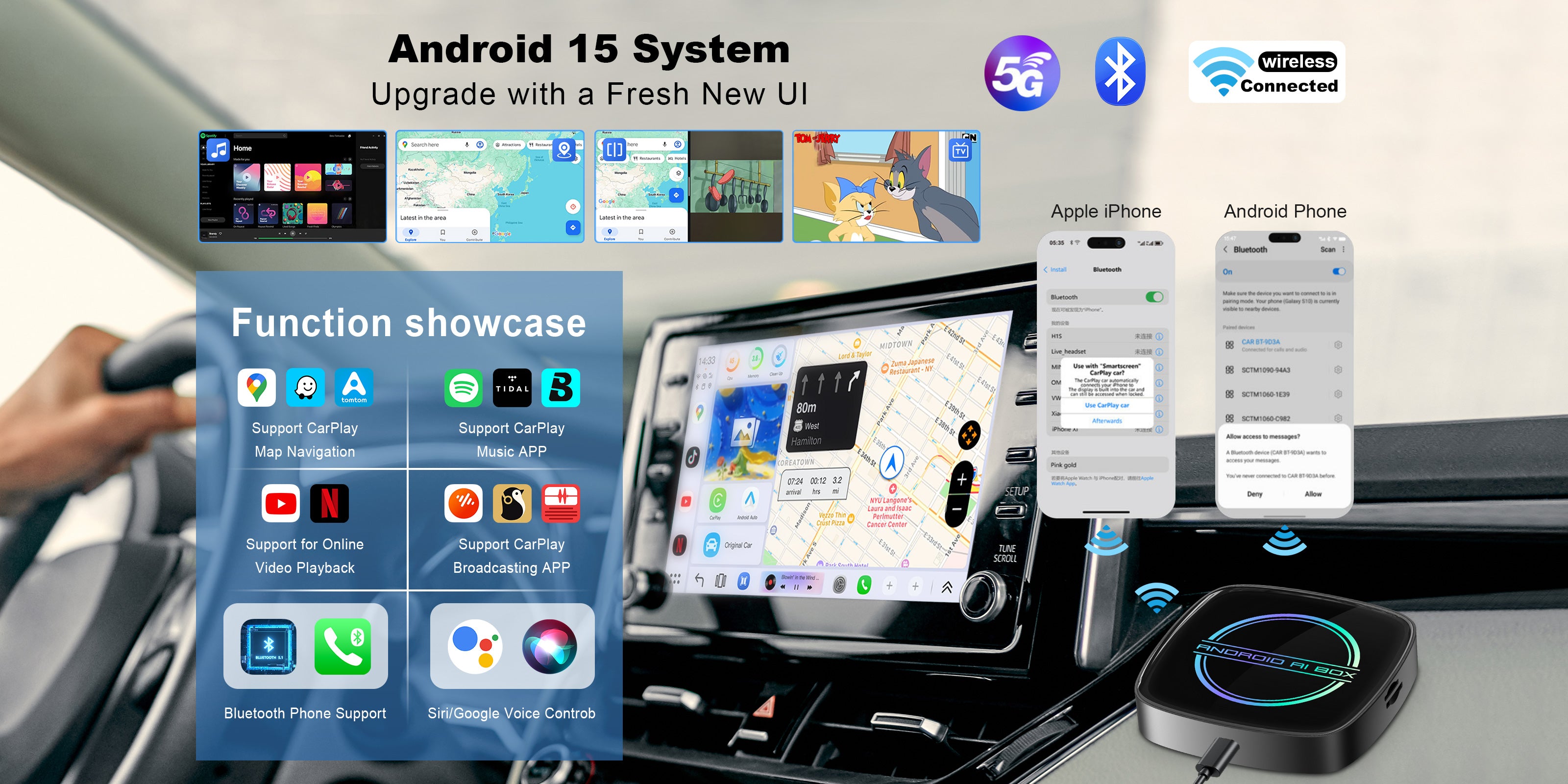 Linkifun GT8D Android 15 Smart AI Box function showcase highlighting features such as Wireless CarPlay, Wireless Android Auto, 4K video, GPS, HDMI Out, and more