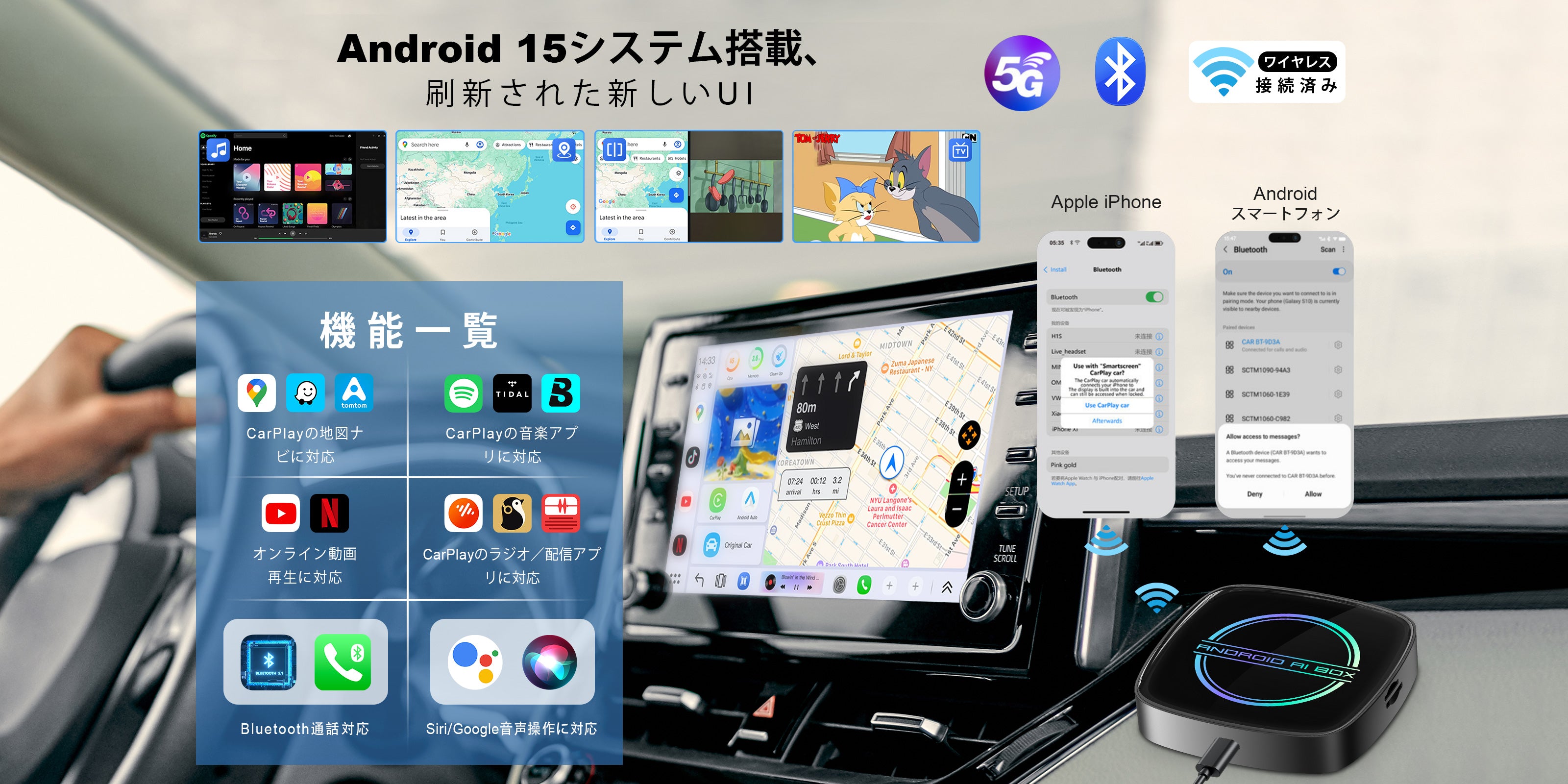 Linkifun GT8D Android 15 Smart AI Box function showcase highlighting features such as Wireless CarPlay, Wireless Android Auto, 4K video, GPS, HDMI Out, and more