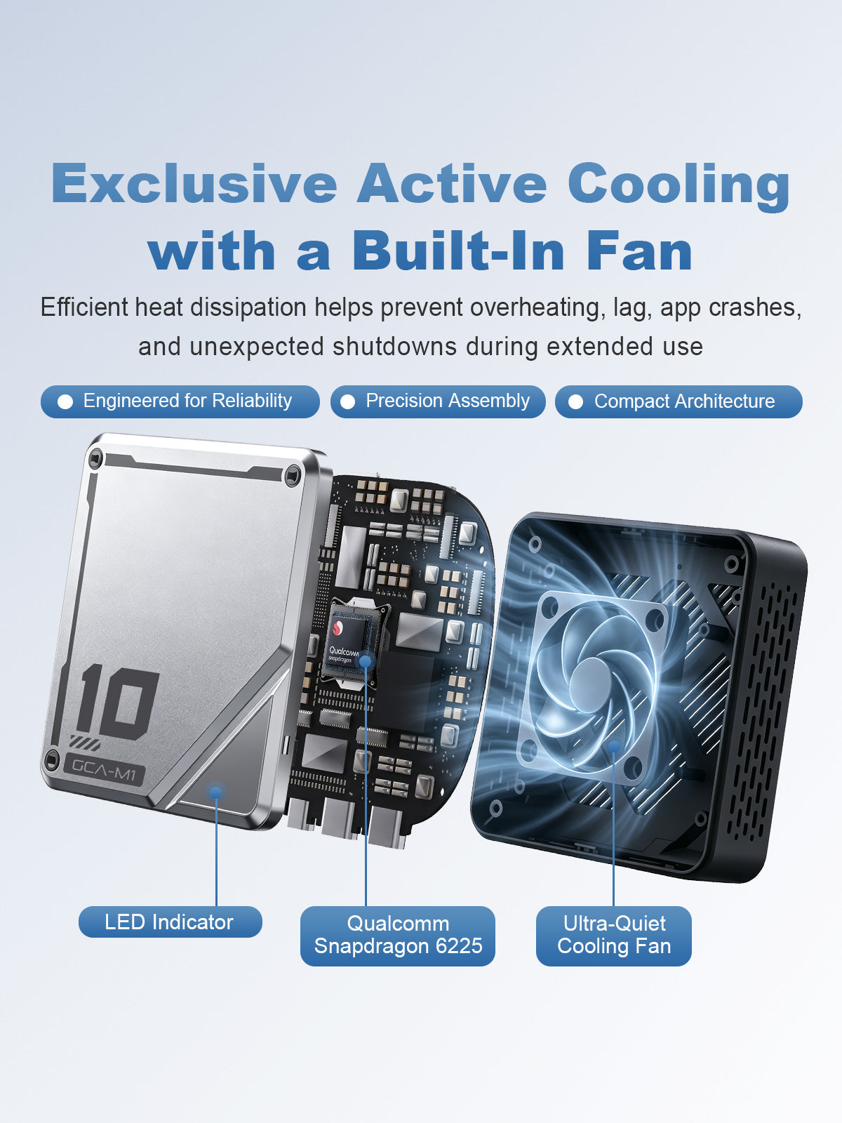 Linkifun L10 Tesla Android 13 AI Box with active cooling, built-in ultra-quiet fan, Qualcomm Snapdragon 6225 processor, and LED indicator